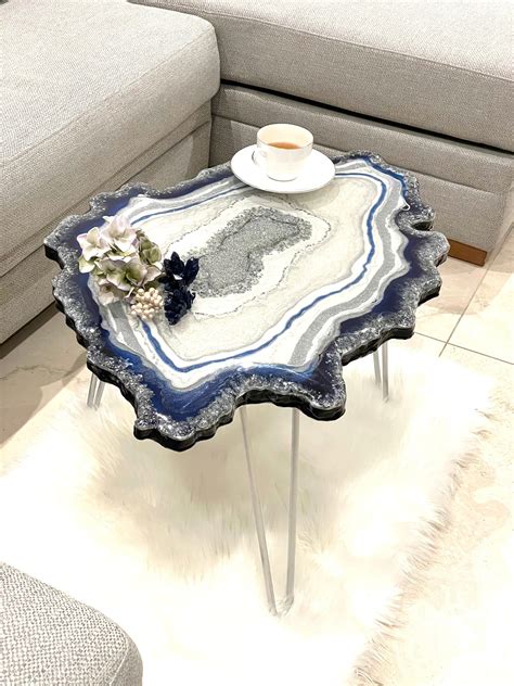 Navy Blue And Silver Geode Agate Coffee Table Quartz Crystal Etsy