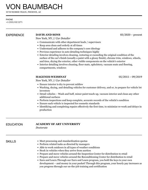 Car Detailer Resume Samples | Velvet Jobs