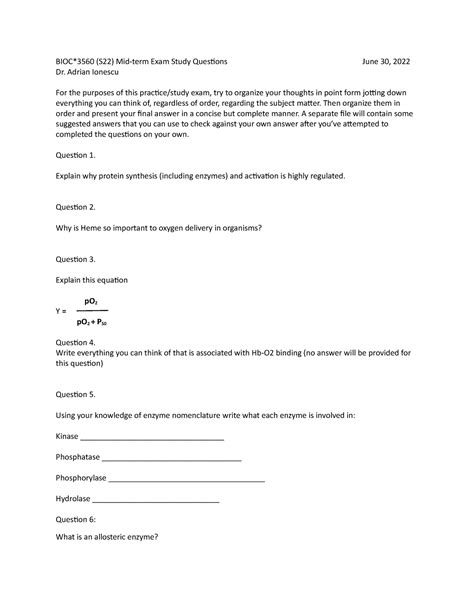 Mid-term Exam Practice Questions - BIOC*3560 (S22) Mid-term Exam Study