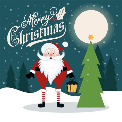 Beautiful Flat Design Retro Christmas Card With Santa And Christmas