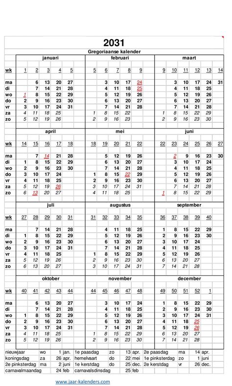 2031 Kalender Jaarkalender Met Weeknummers En Maanden Feestdagen