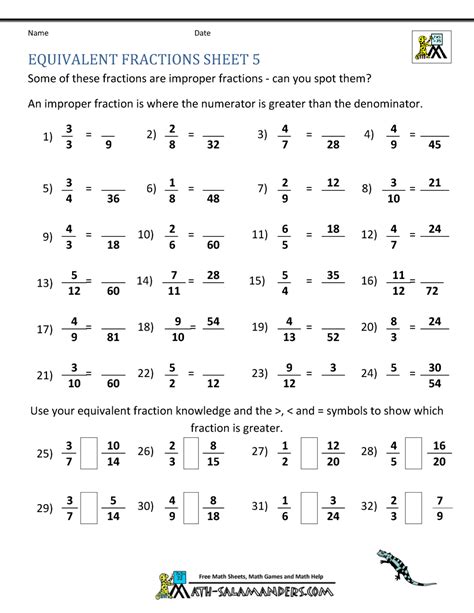 Equivalent Fractions Printable Worksheet
