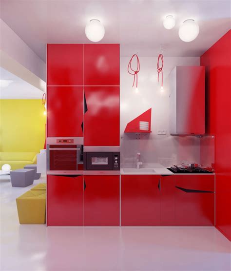 Kitchen interior with wooden furniture, table and many utensils. Modern Red Kitchen Units Furniture Set - Interior Design Ideas