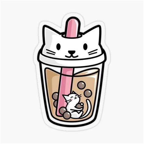 Bubble Tea With White Cute Kawaii Cat Inside Sticker By Bobateame