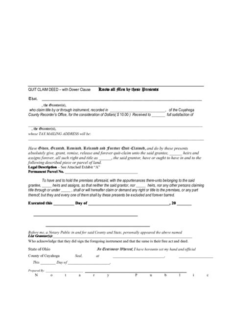 You can also add or remove a spouse's name from the property title. Fillable Quit Claim Deed Form - With Dower Clause printable pdf download