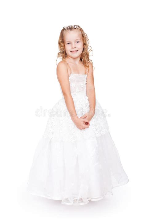 Pretty Little Girl In Beautiful White Dress Stock Photo