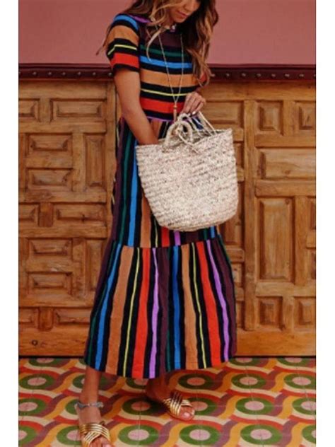 Round Neck Color Block Striped Short Sleeve Maxi Dresses Maxi Dress With Sleeves Striped Maxi