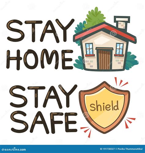 The Words Stay At Home And Stay Safe With Illustrations Stock Vector