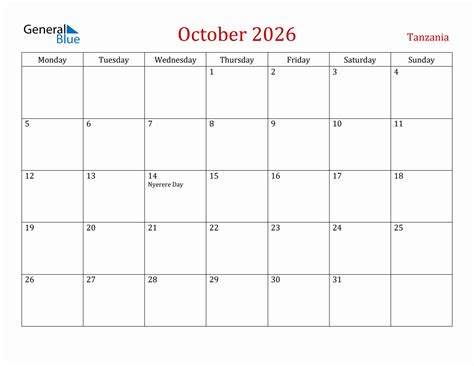 October 2026 Tanzania Monthly Calendar With Holidays