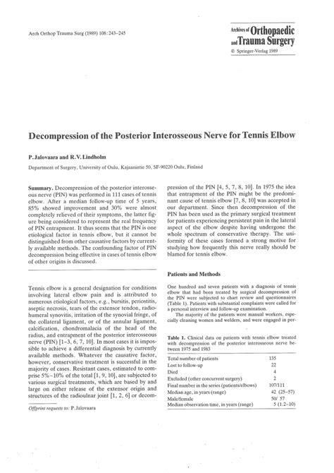 Pdf Decompression Of The Posterior Interosseous Nerve For Tennis Elbow