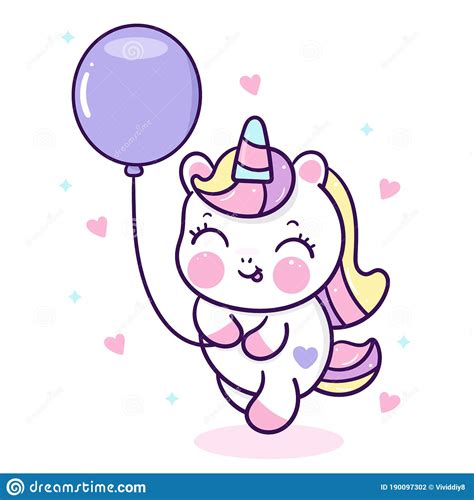 Flat Unicorn Fairy Cartoon Pony Child Vector With Balloon Pastel Stock