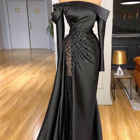 black evening dresses 2023 long sleeve boat neck beaded modest mermaid evening gown vestido de