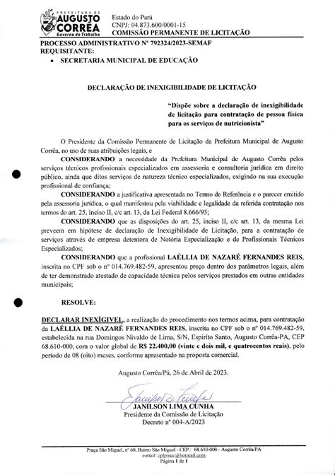 Declaração De Inexigibilidade Prefeitura Municipal De Augusto Corrêa