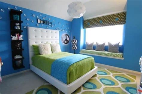 Bedroom With Platform Bed And Bright Blue Walls Decorating Ideas For