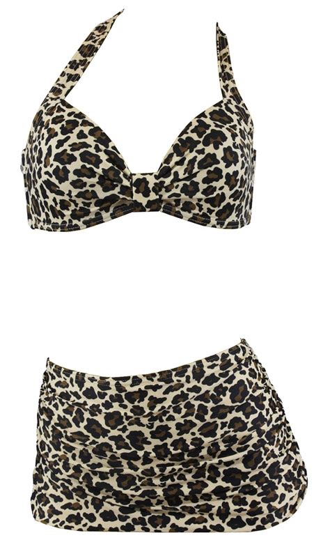 Amazon Com Aloha Beachwear Women S Vintage S Two Piece Bikini Halter Leo Cheetah Clothing