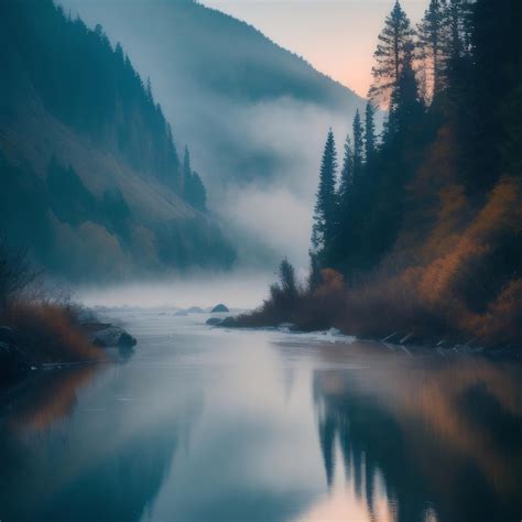 Premium Ai Image A River In The Mountains With A Foggy Sky