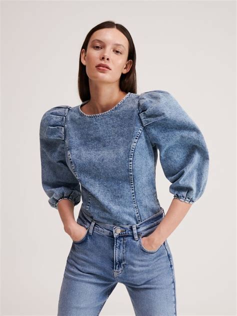 Buy Online Denim Blouse With Puff Sleeves Reserved Xq405 50j In 2020