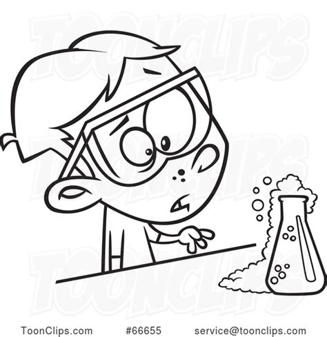 Cartoon Black And White Boy Witnessing A Chemical Reaction In Science
