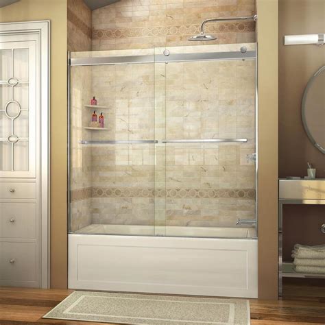 Dreamline's bifold glass bathtub doors makes a statement of a curved silhouette that delivers an custom glass look. DreamLine Essence 56-in to 60-in W Frameless Chrome Bypass ...