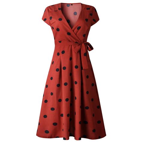 women polka dot dress summer v neck short sleeve slim boho casual midi a line club party dress