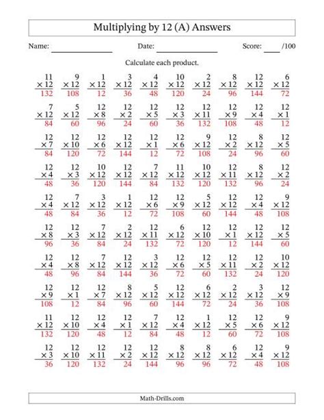 Multiplication 12 Worksheet