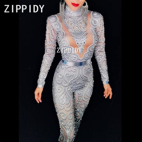 Glisten Silver Crystals Jumpsuit Long Sleeves Stretch Pearl Outfit Female Singer Ds Nightclub