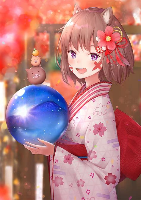 Cute Anime Girl Brown Hair Smiling Animal Ears Kimono Festival