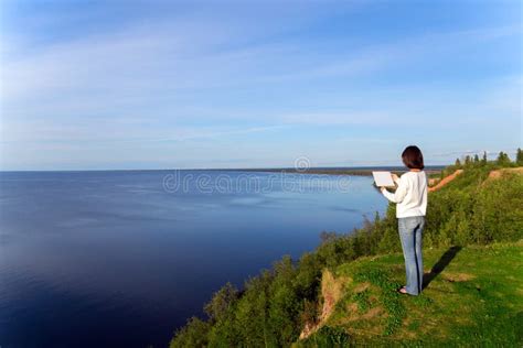 Young Woman Standing Shore Lake Blank Sheet O Stock Photos Free