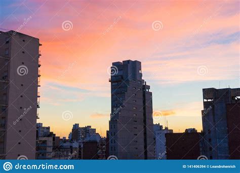 Sunset Over The Rosario City Buildings Stock Photo Image Of Glow