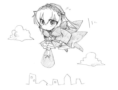Safebooru 00s 1girl Chibi Flying Monochrome Rozen Maiden Sketch Solo Suigintou Takami Ryo