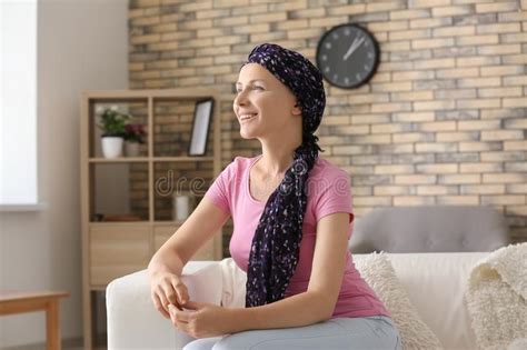 Happy Woman After Chemotherapy Sitting On Sofa At Home Stock Photo Image Of Patient Adult