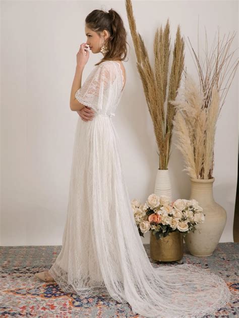 Bohemian Wedding Dress Handmade From Delicate Lace And Golden Lining