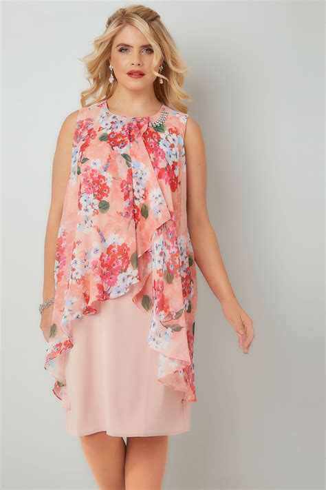 Pink And Coral Floral Printed Dress With Layered Front And Diamante Detail