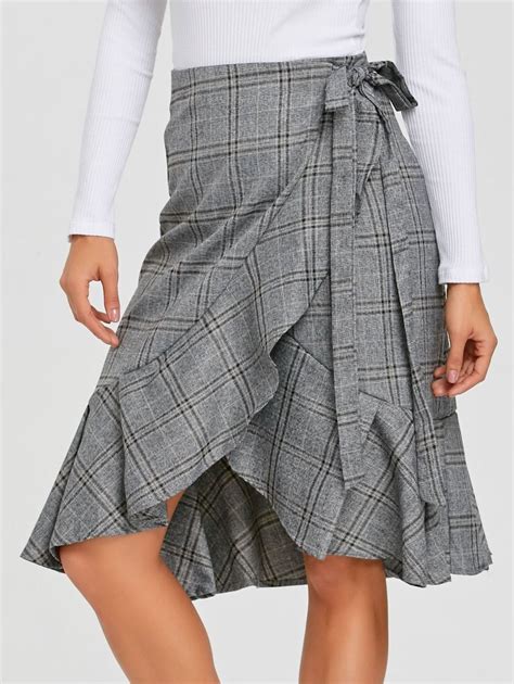 High Waisted Plaid Ruffle Wrap Skirt Skirts Fashion Womens Skirt