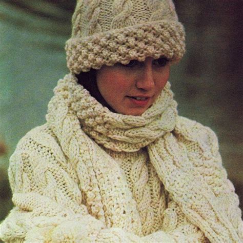 Instant Download Pdf Vintage Knitting Pattern Aran Sweater Hat Scarf