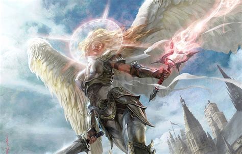 Wallpaper Girl Light The City Magic Armor Angel Swords Halo