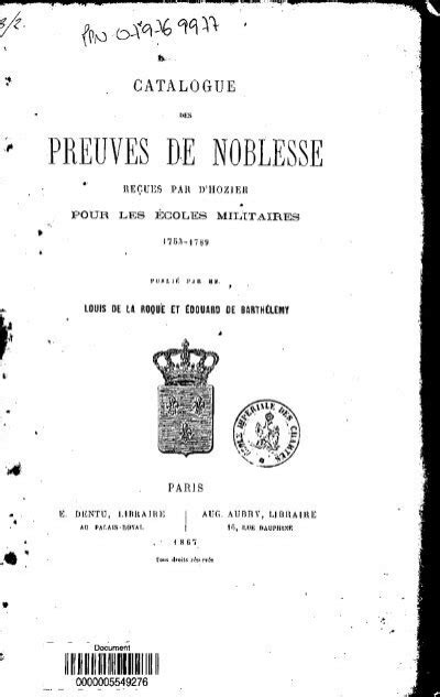 Catalogue Des Preuves De Noblesse Recues Par D Hozier Pour Les