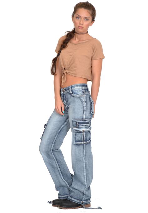 New Womens Ladies Blue Loose Faded Wide Denim Cargo Jeans Combat Pants Trousers Ebay