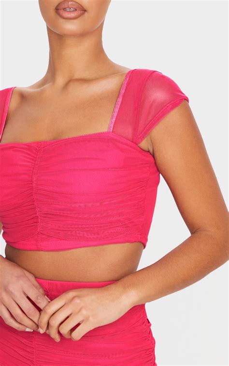 Hot Pink Mesh Ruched Front Crop Top Co Ords Prettylittlething