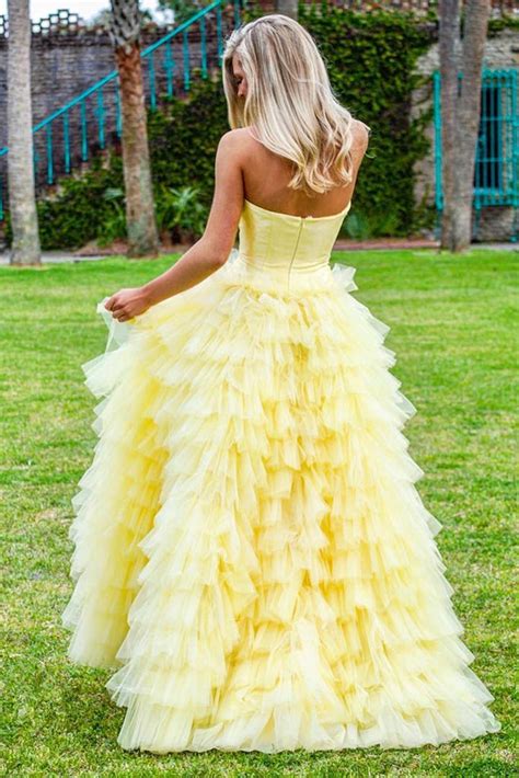 Custom Made Yellow Strapless Tiered Floor Length Ball Gown Long Prom D