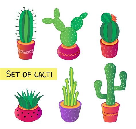 Cartoon Cactus Set Vector Set Of Bright Cacti Aloe Colored Bright