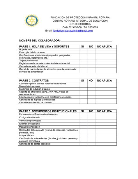 Lista De Chequeo Hv Salud Fundacion De Proteccion Infantil Rotaria