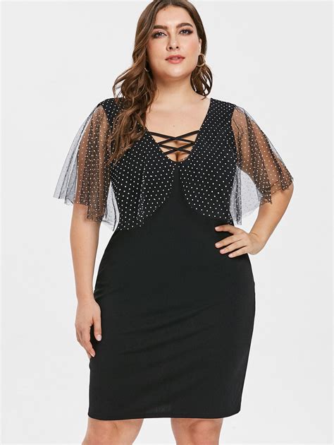 Wipalo Plus Size Plunging Neck Mesh Panel Casual Dress Women Deep V