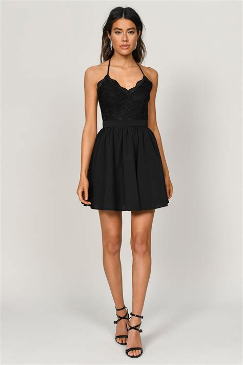 Chic Black Skater Dress Strappy Lace Dress Flattering Black Dress