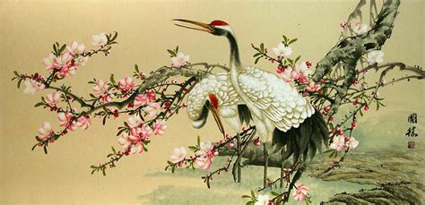 Large Asian Cranes And Blossoms Painting Chinese Art
