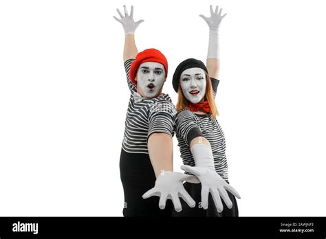 Mimes Standing Back To Back Waist Up Portrait Of Male And Female Mime