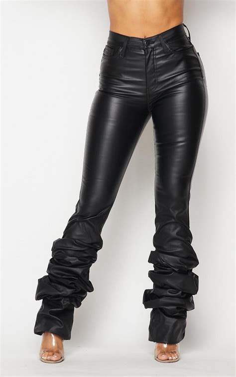 Faux Black Leather Bootcut Pants With Scrunch Bottom