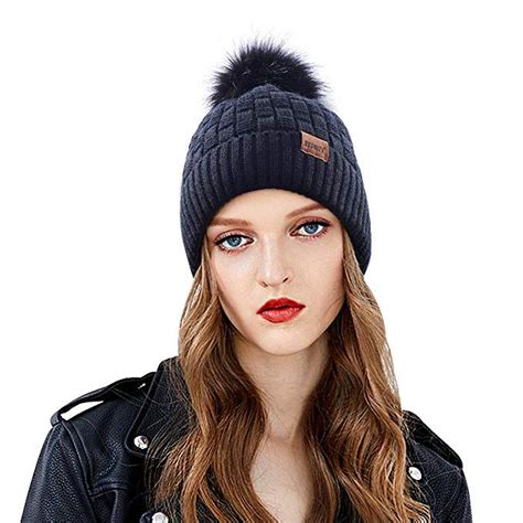 Rednity Winter Cable Knit Beanie Hat With Faux Fur Pom Pom Fleece Lined