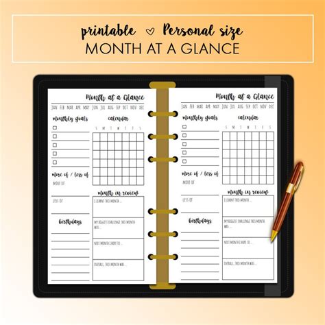 Personal Month At A Glance Monthly Planner Insert Printable Etsy
