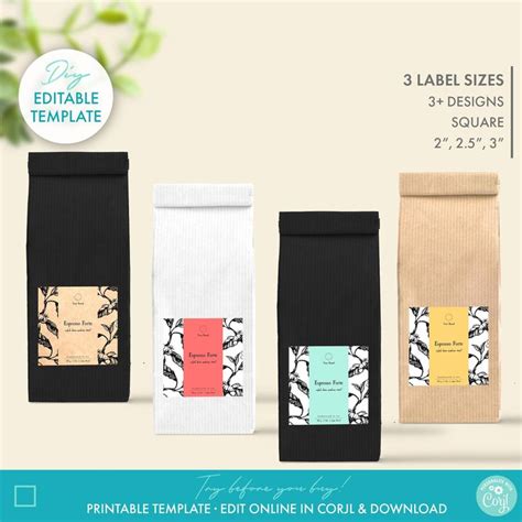 Editable Coffee Packaging Label Template 3 Sizes Botanical Coffee Label